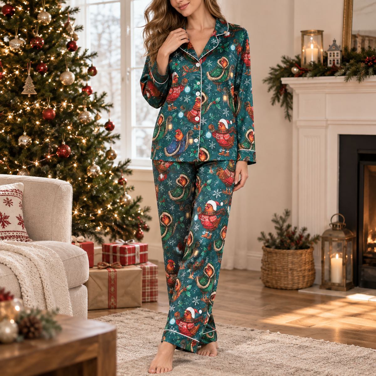 PJ-M2113-Christmas Chicken Satin Pajama Set with Festive Hens Santa Hats Ornaments Pine Branches and Cozy Winter Holiday Pattern