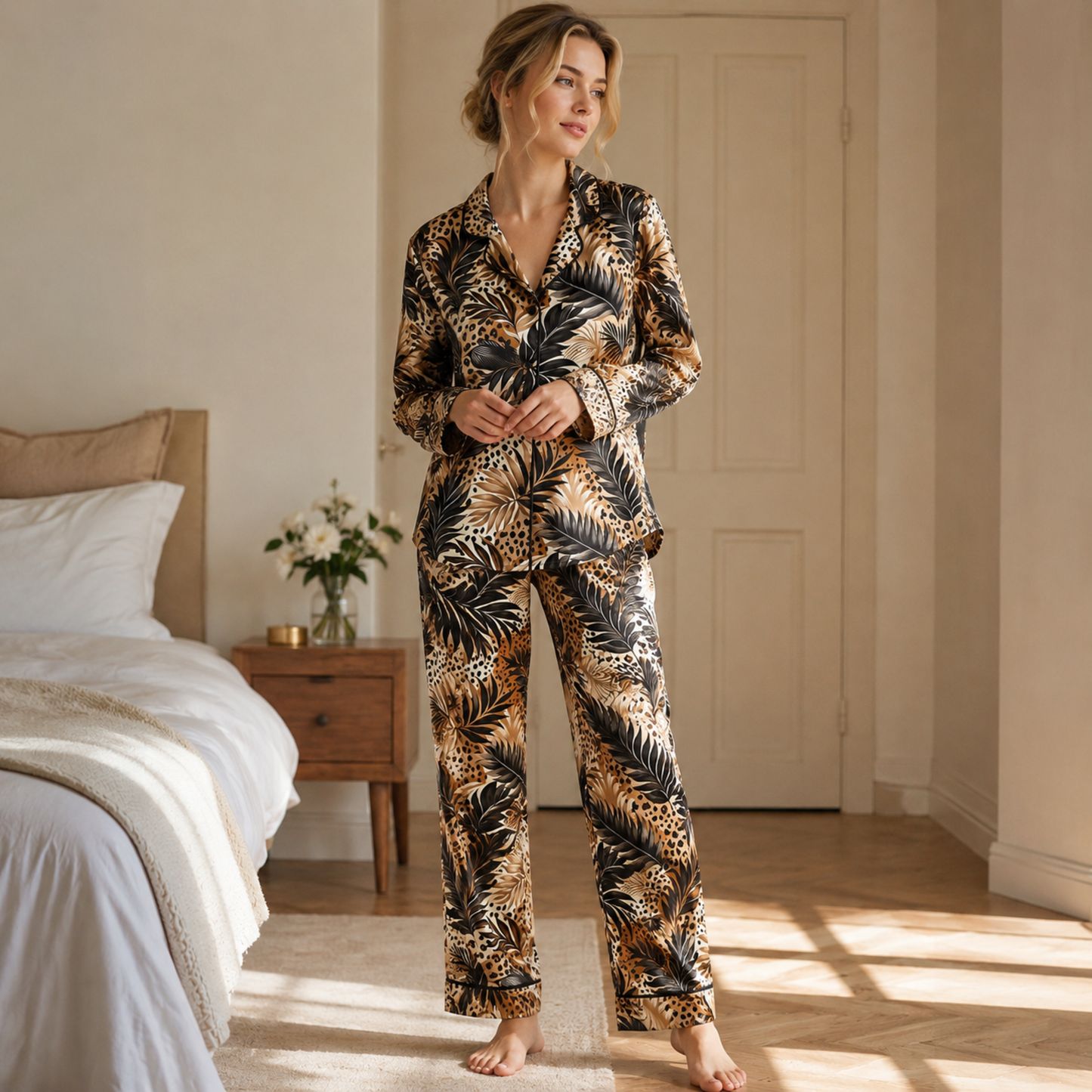 PJ-M214-Brown Poly Animal Pajama Apparel, Leaf Pattern Loungewear Sleepwear Collection Top Bottom Matching Clothing
