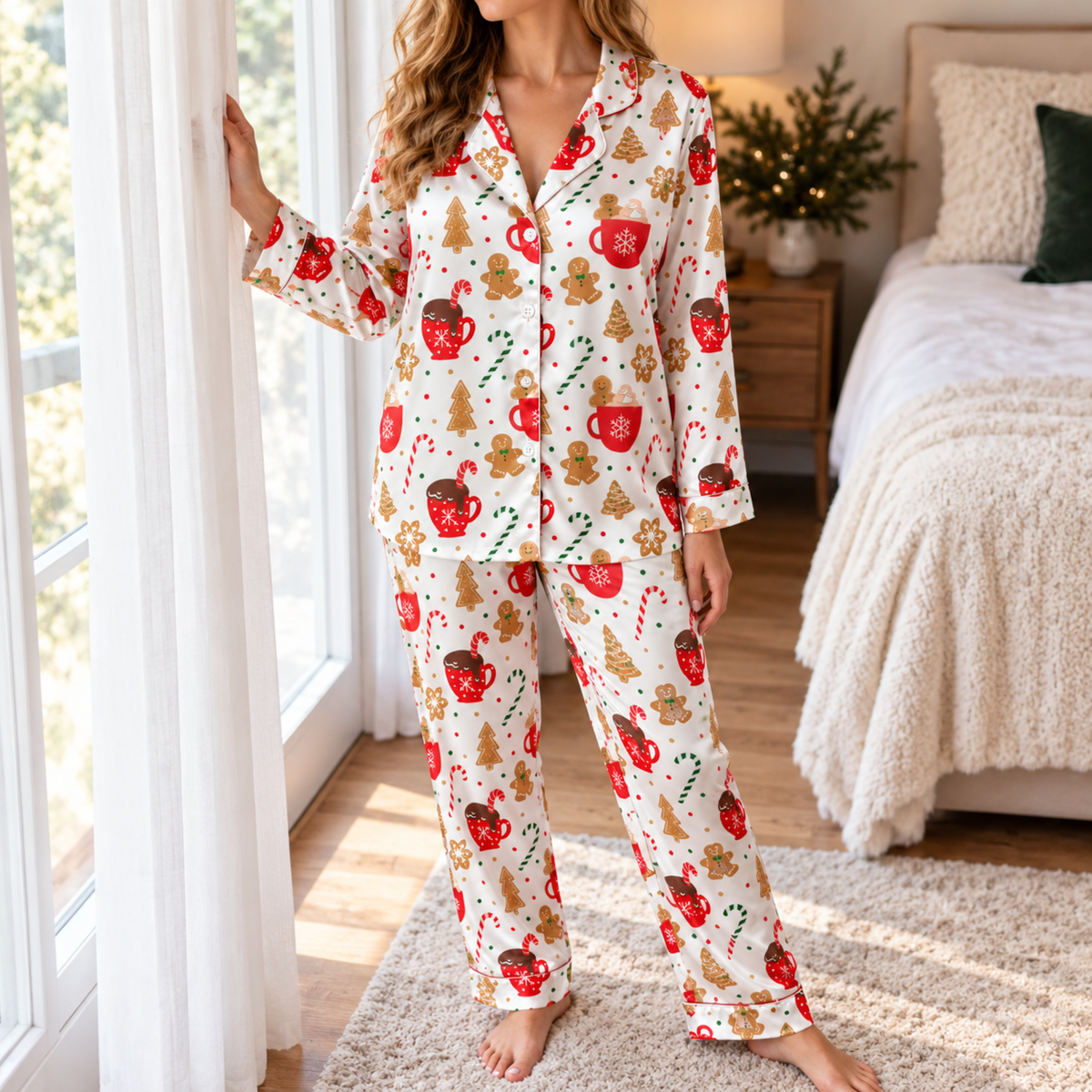 PJ-M2141-Gingerbread Christmas Satin Pajama Set with Cocoa Mugs Candy Canes Cookies and Festive Holiday Pattern