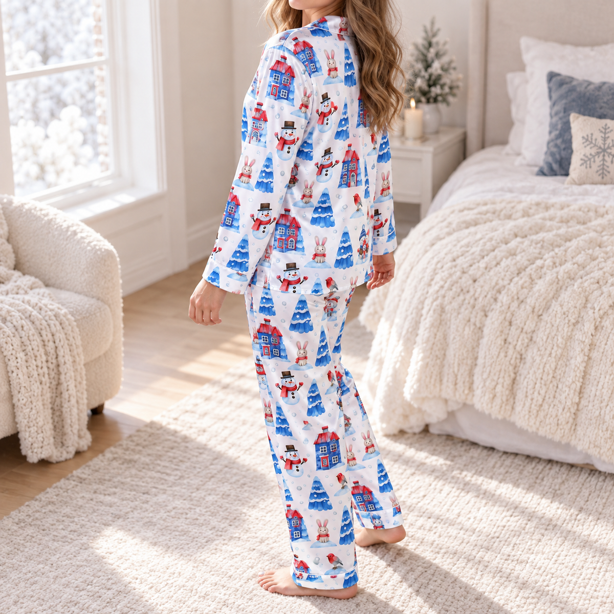 PJ-M2171-Snowman Winter Village Satin Pajama Set, Bunny Snowy Tree Cozy Christmas Holiday Sleepwear