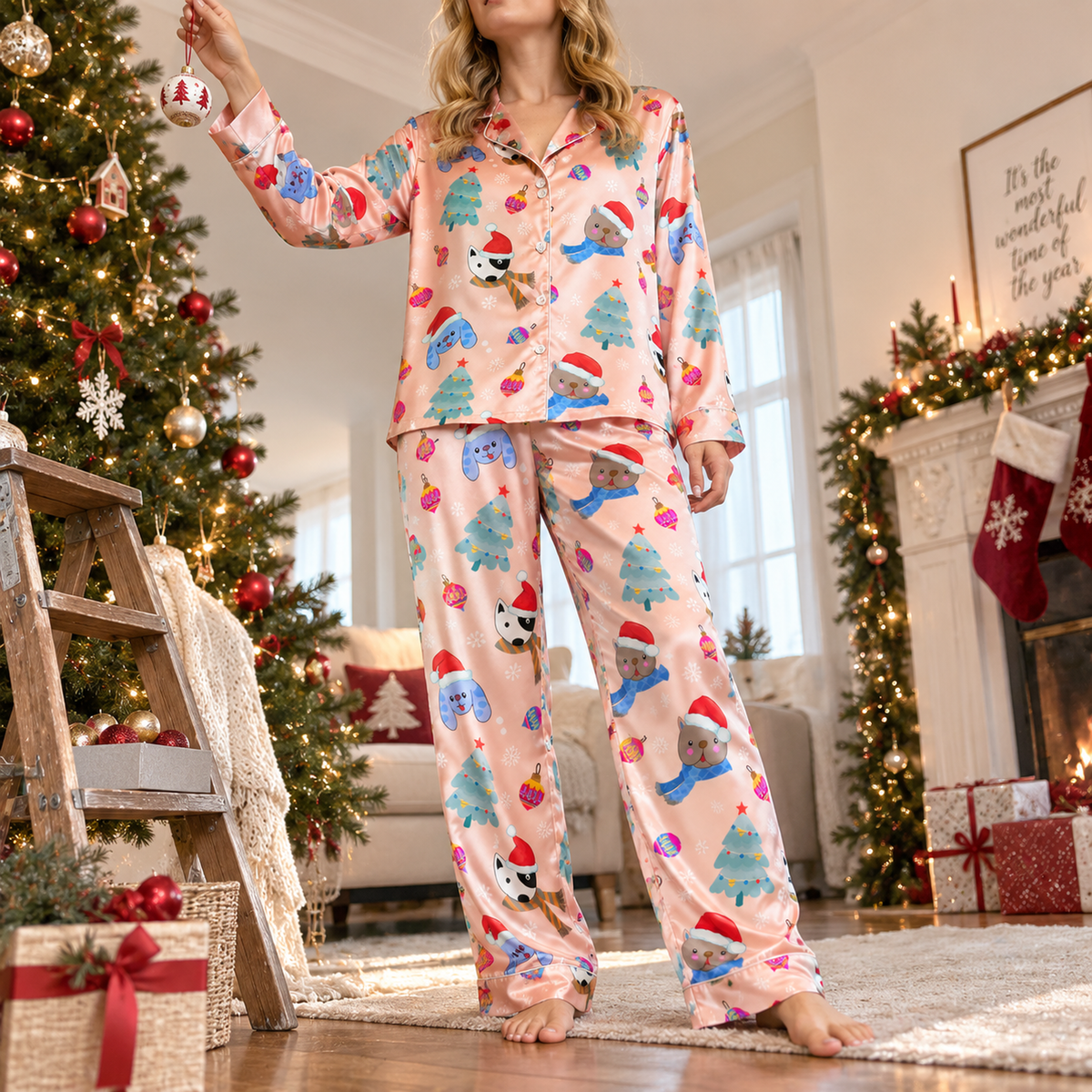 PJ-M2211-Christmas Pajama Set, Cat and Dog Holiday Pajamas, Christmas Tree Santa Hat Pet Sleepwear, Festive Animal Christmas PJs