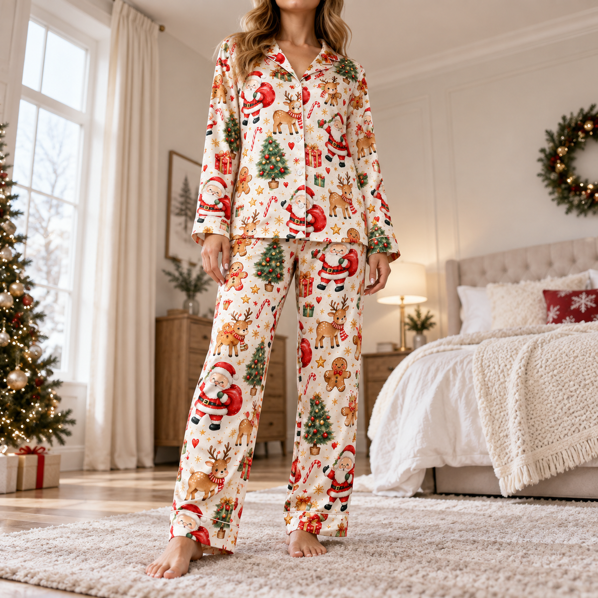 PJ-M2213-Christmas Pajama Set, Santa Gingerbread Pajamas, Reindeer Christmas Tree Candy Cane Sleepwear, Festive Holiday Gift PJs
