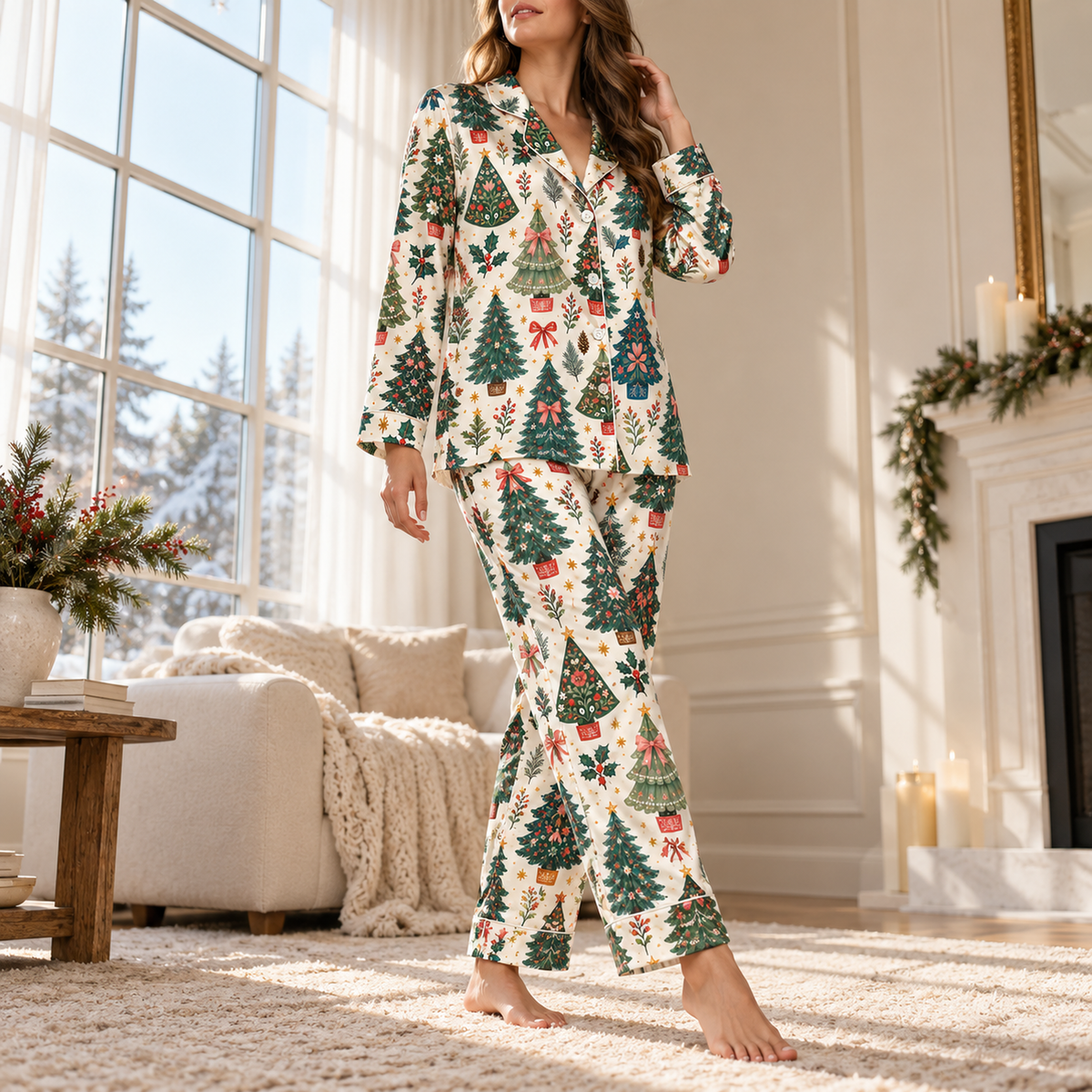 PJ-M2214-Christmas Pajama Set, Vintage Christmas Tree Pajamas, Holiday Bow Pine Tree Sleepwear, Retro Botanical Festive Christmas PJs