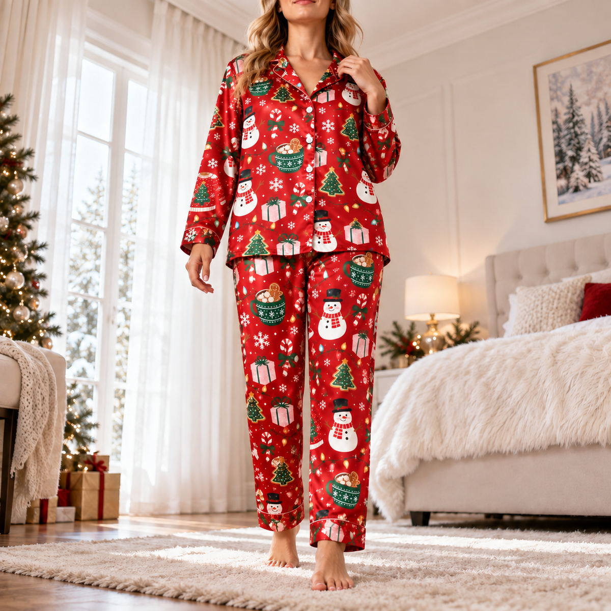 PJ-M2217-Christmas Pajama Set, Snowman Christmas Tree Pajamas, Gingerbread Gift Holiday Sleepwear, Festive Winter Family PJs