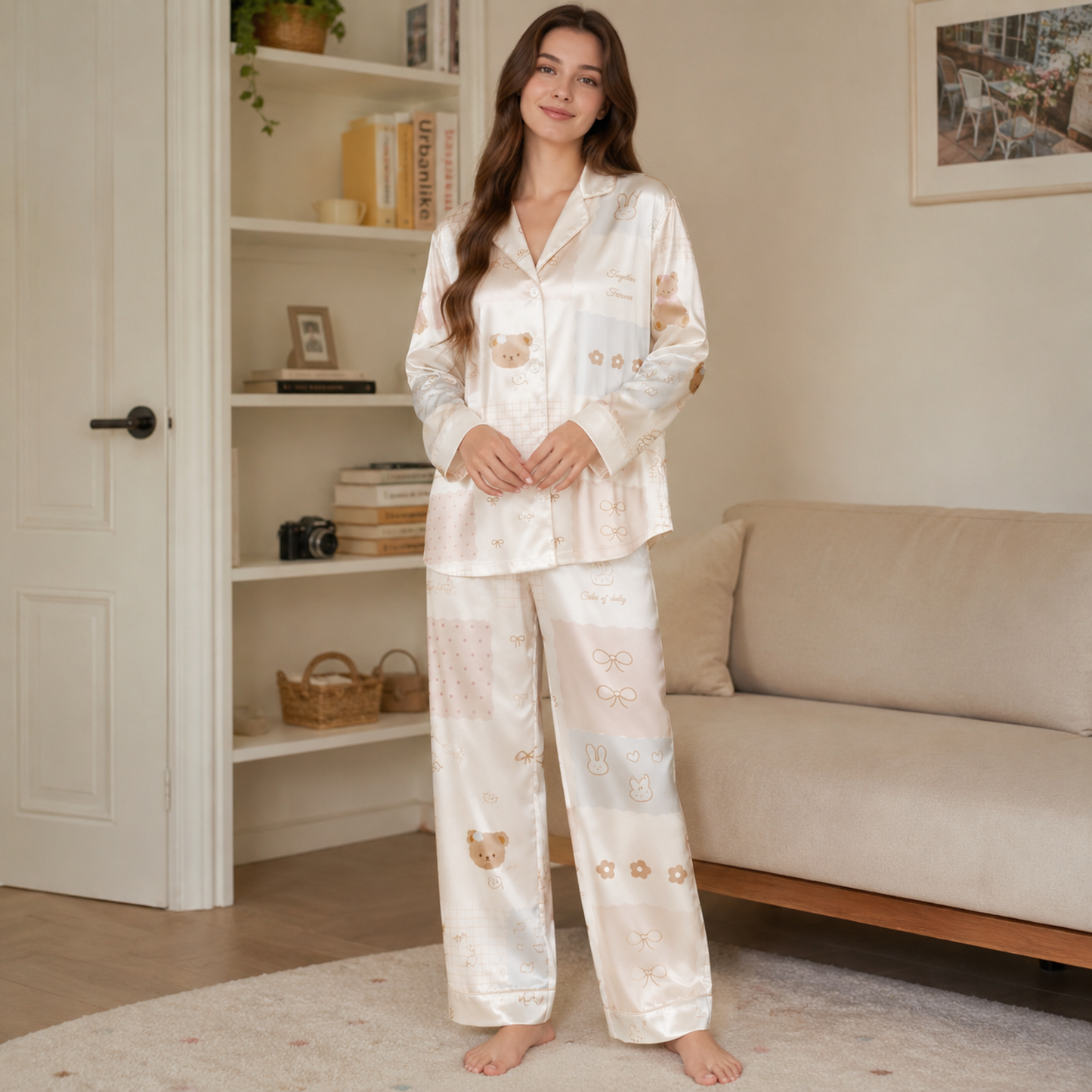 PJ-M274-Classic Ribbon Teddy Design Satin Pajama Set, Luxurious Matching Sleepwear Collection