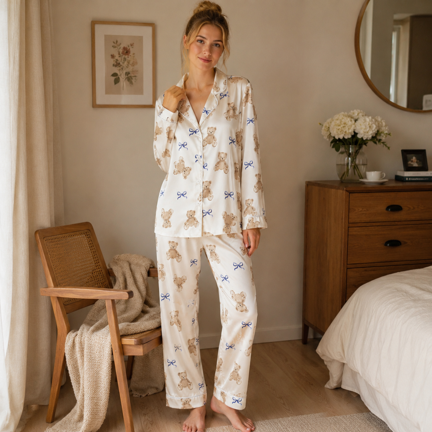PJ-M276-Elegant Teddy Bear Ribbon Print Satin Pajama Set with Coordinated Lounge and Sleepwear
