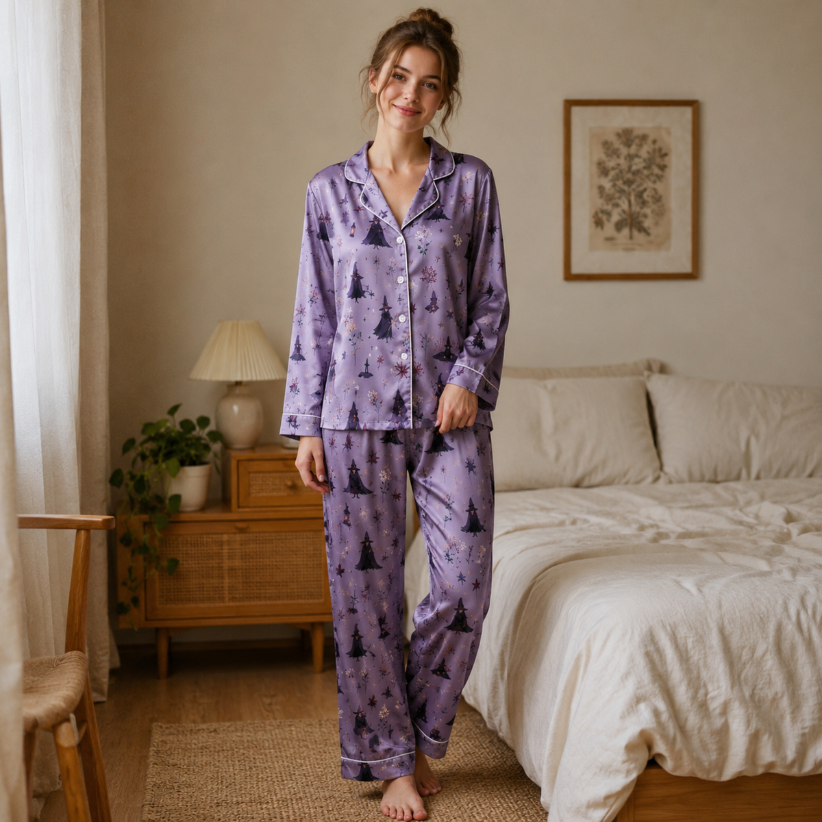 PJ-M292-Halloween Celebration Satin Pajama Set, Cozy Matching Sleepwear with Festive Pattern