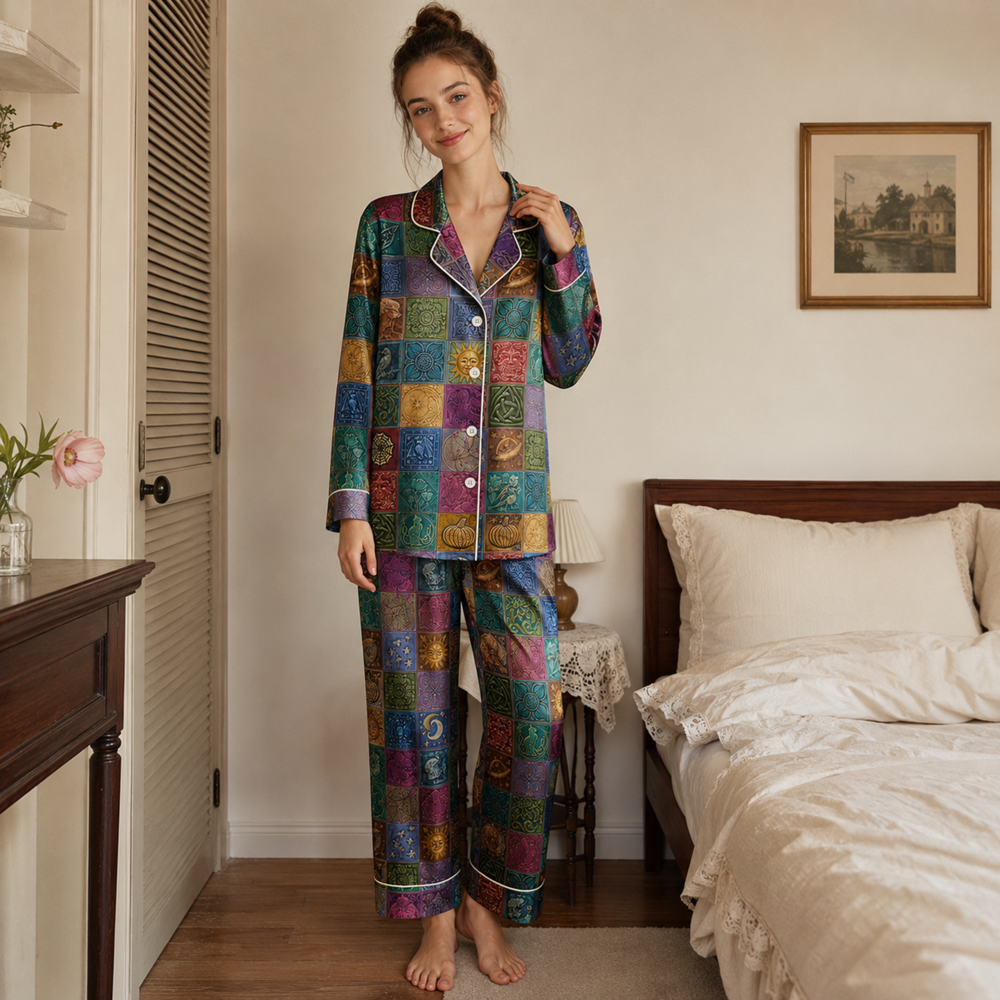 PJ-M299-Constellation and Celestial Print Satin Pajama Set, Premium Matching Sleepwear Collection