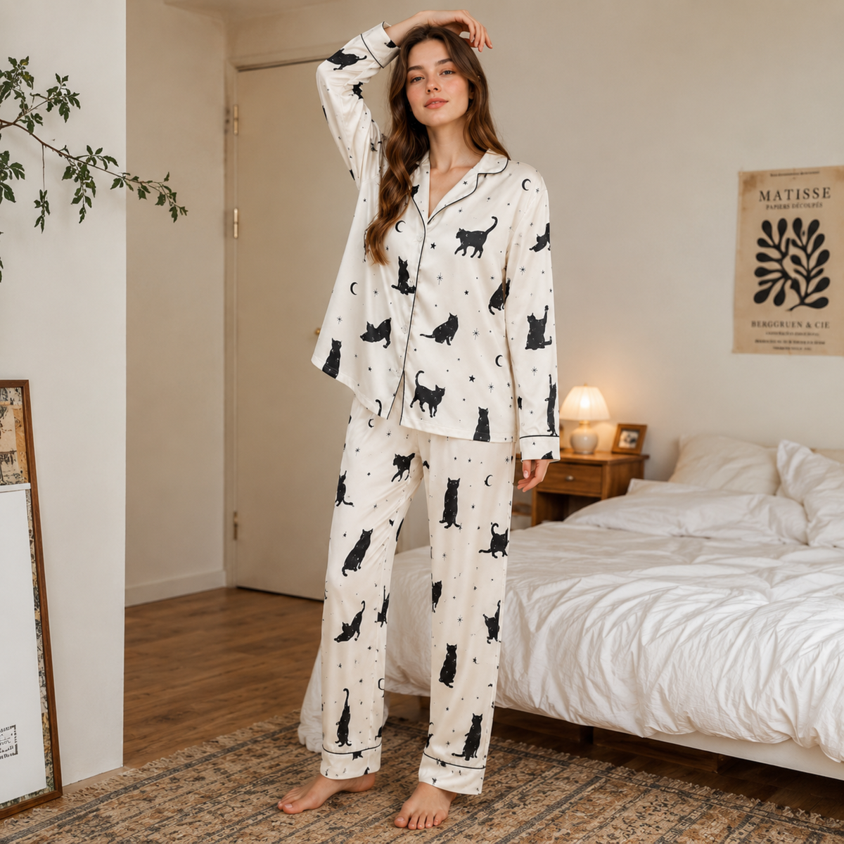 PJ-M304-Modern Abstract Cat Satin Pajama Set with Artistic Feline Pattern for Cozy Sleepwear