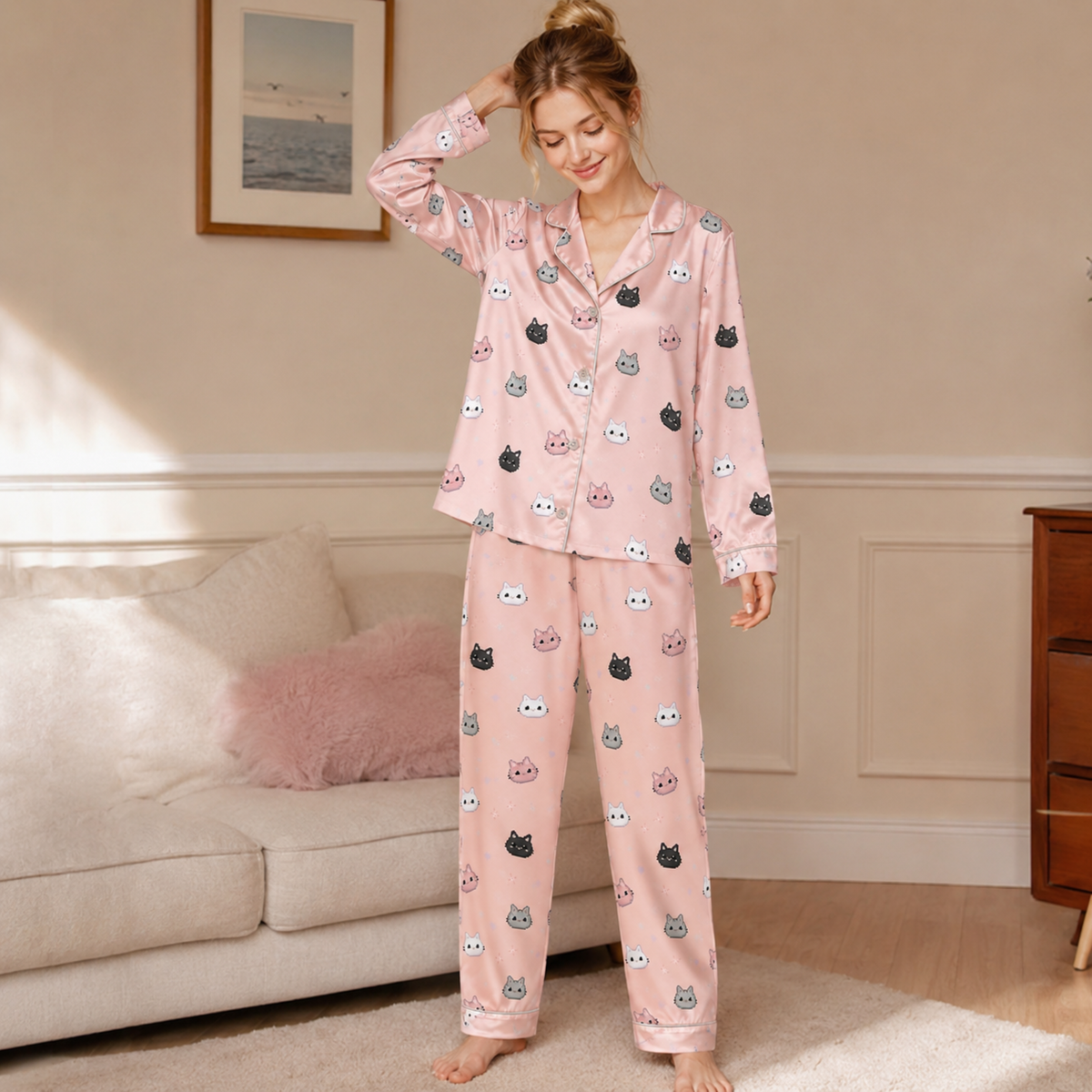 PJ-M305-Cozy Pajama Set Adorned With Cute Paw Print And Cat Face Patterns For A Fun Look