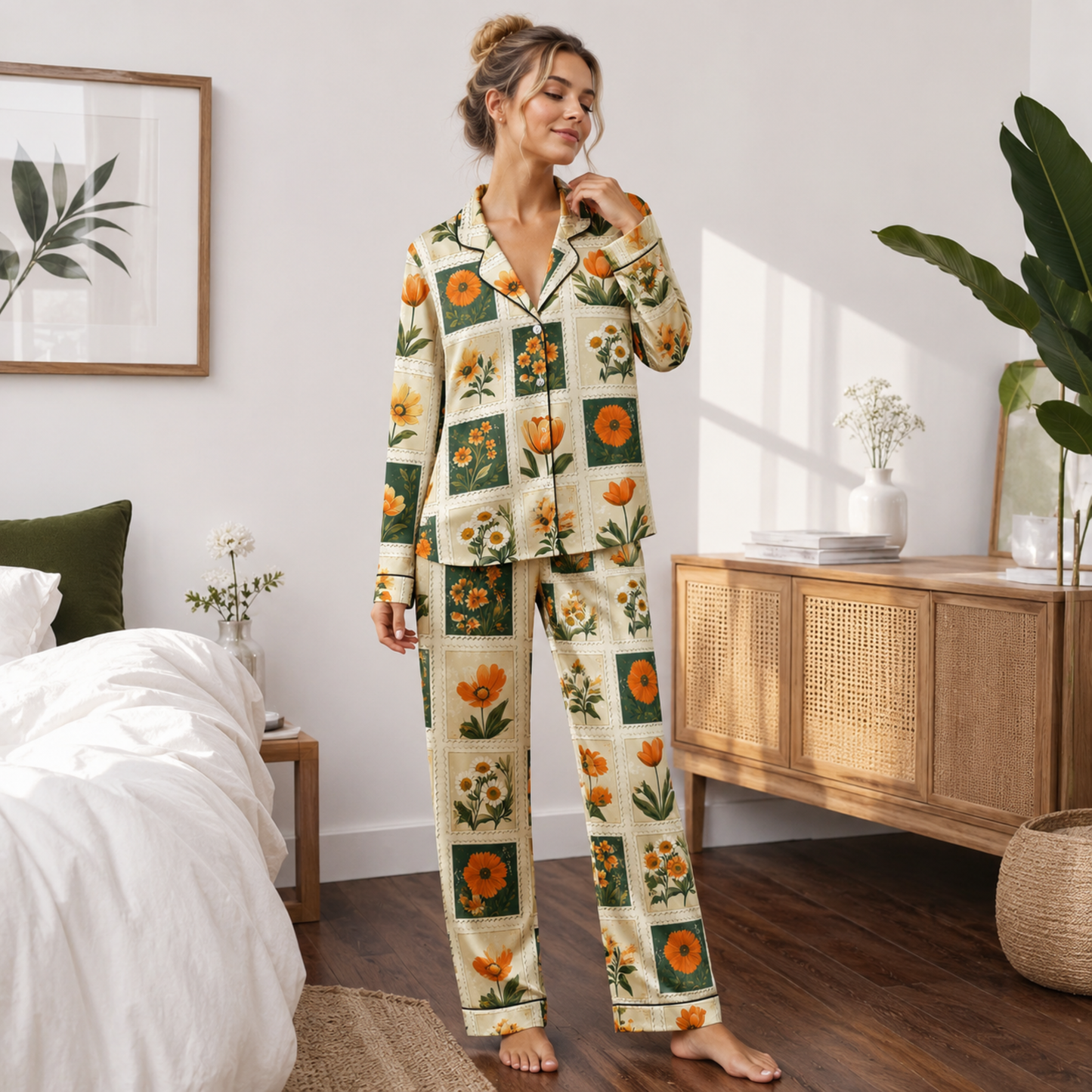 PJ-M310-Luxury Tropical Floral Satin Pajama Set with Vibrant Botanical Pattern for Cozy Sleepwear