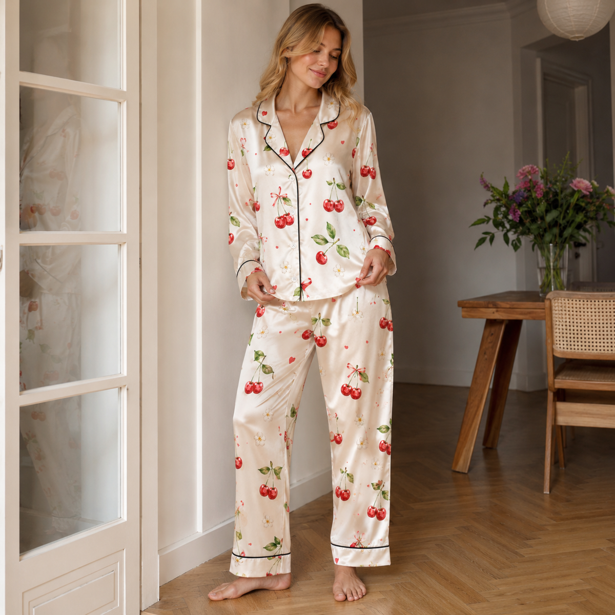 PJ-M311-Classic Sweet Cherry Pattern Pajama Set Featuring Vibrant Fruit Illustrations On Ultra-Soft Premium Brushed Cotton Fabric