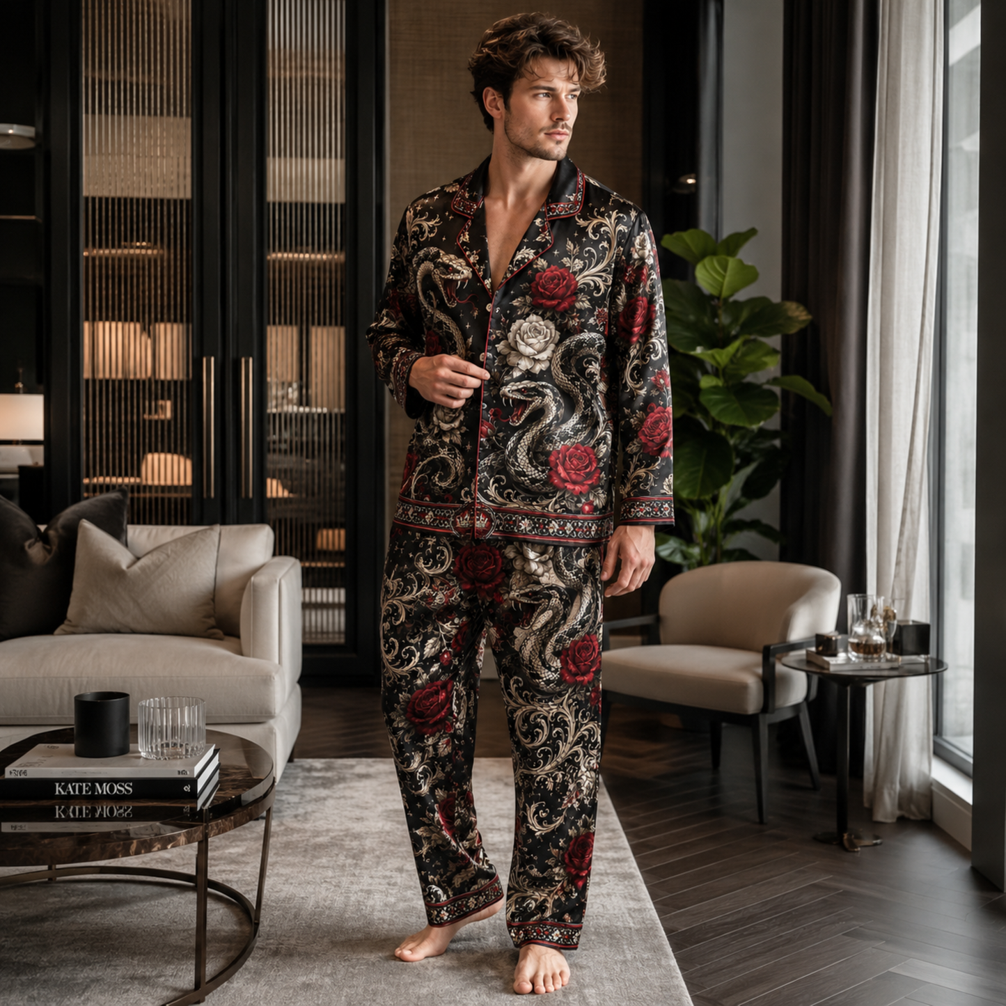 PJ-M347-Cool Streetwear-Inspired Snake Motif Loungewear Set Designed With A Relaxed Fit For A Modern Edge