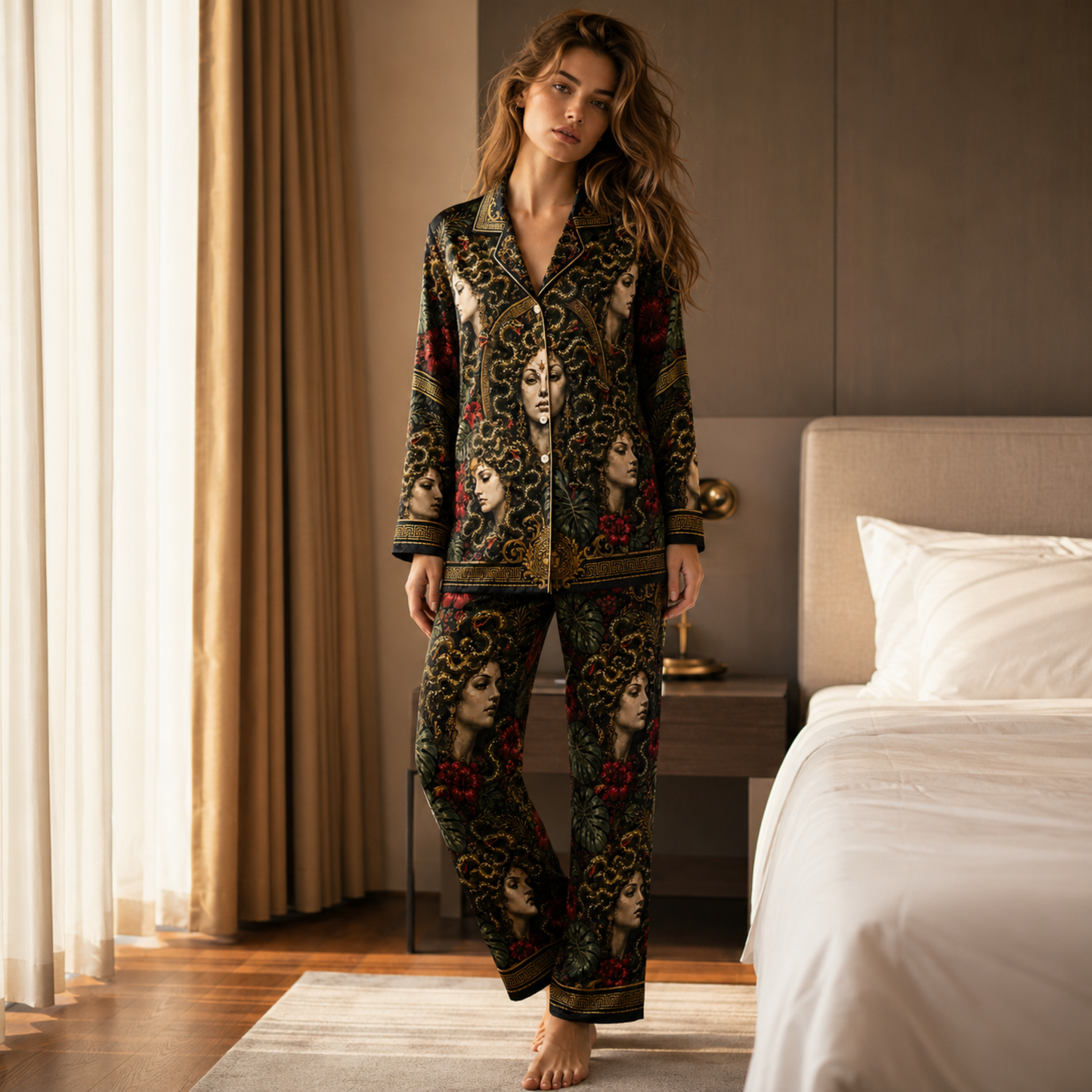 PJ-M352-Mythical Medusa Graphic Pajama Set Designed With A Relaxed Fit And Bold Artistic Elements