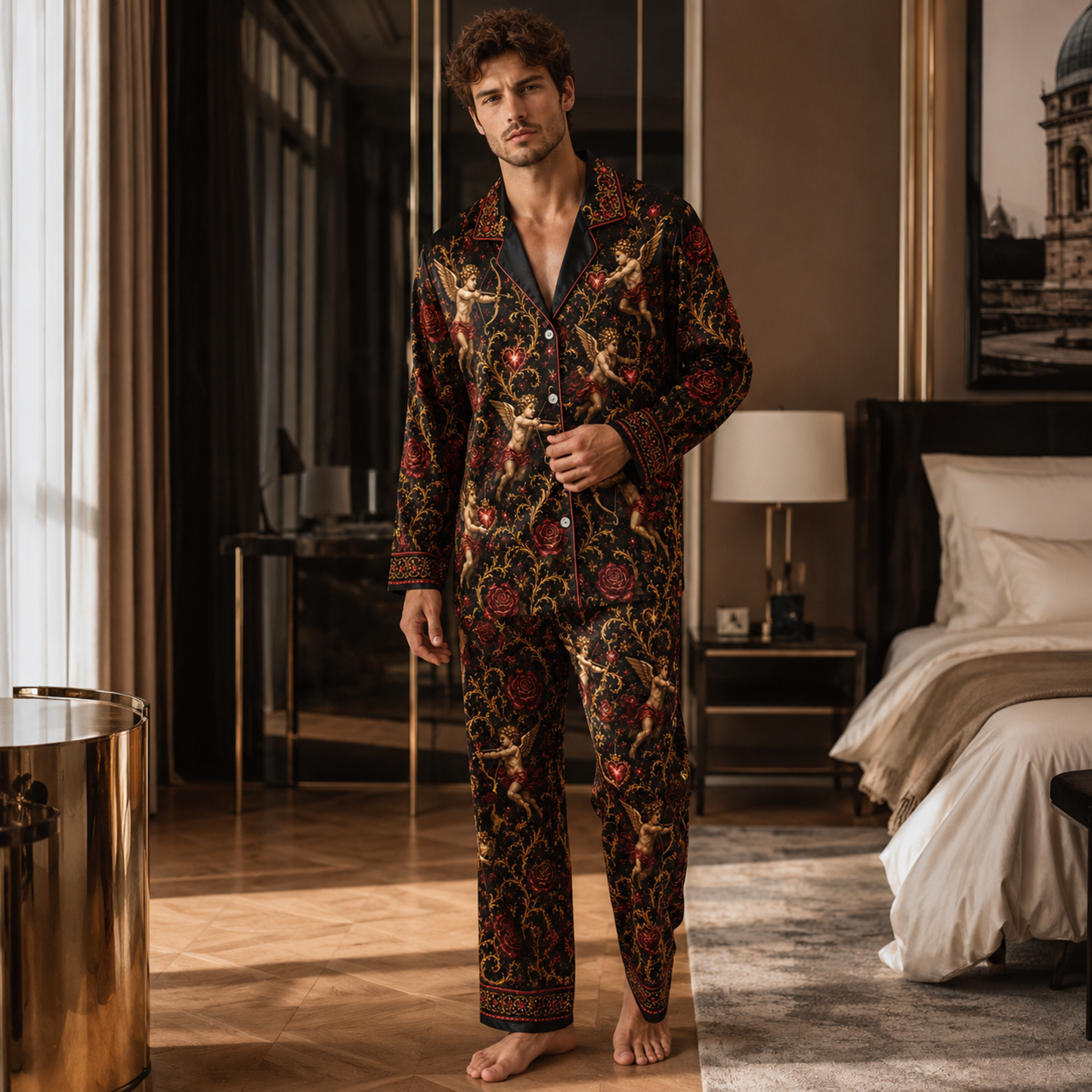 PJ-M354-Baroque Renaissance Cherub and Golden Rose Satin Pajama Set with Romantic Heart and Wing Accents