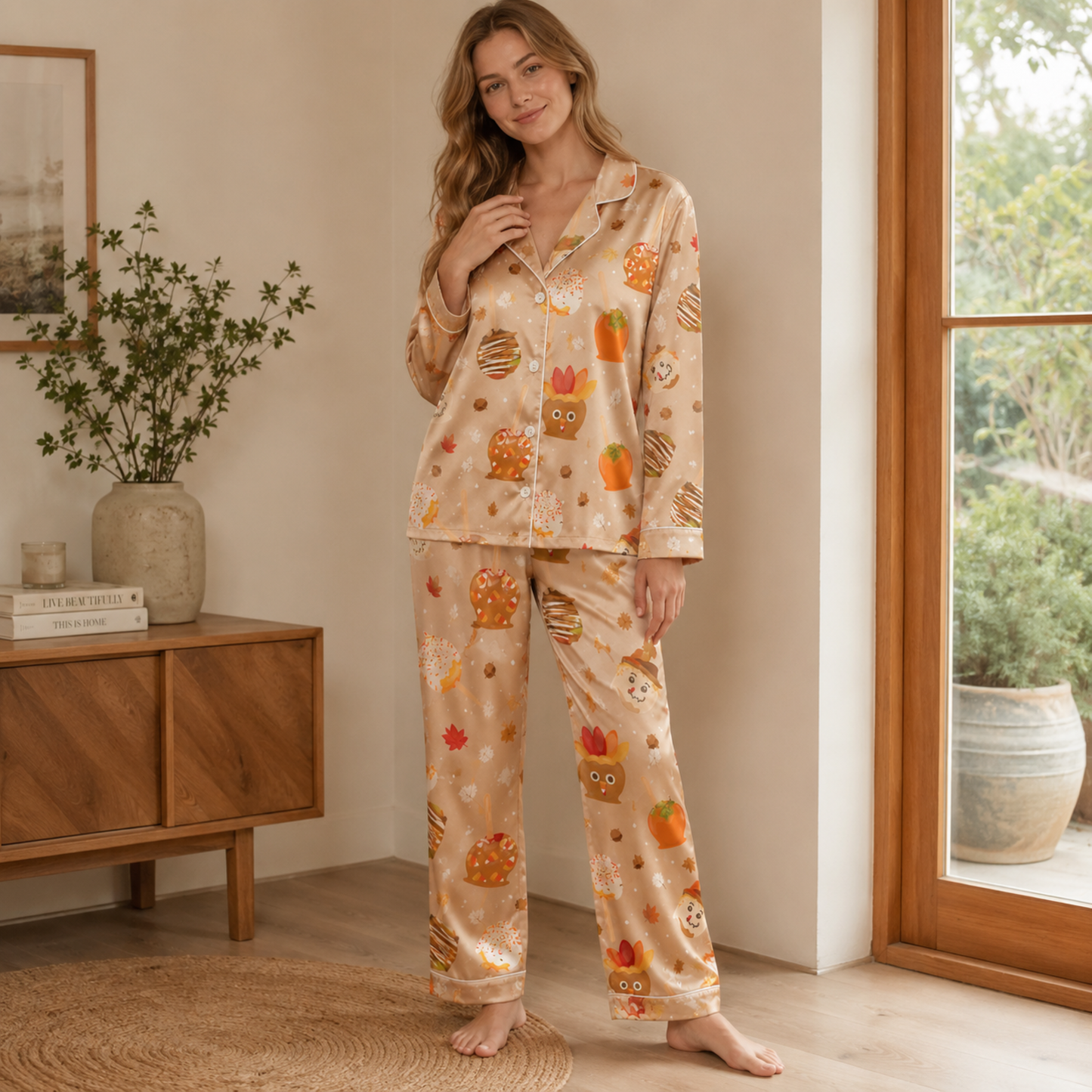 PJ-M374-Thanksgiving Turkey Caramel Apple Satin Pajamas Fall Harvest Sweet Treat Sleepwear