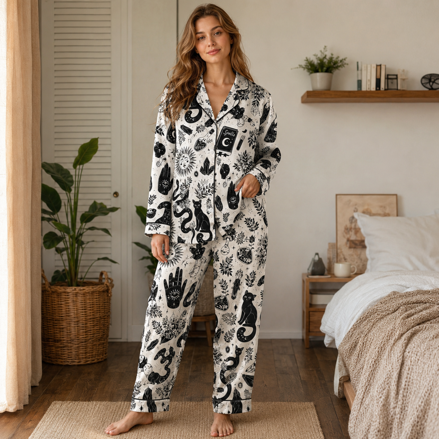 PJ-M377-Celestial Sun Moon Satin Pajamas Witchy Black Cat Occult Spellbook Sleepwear