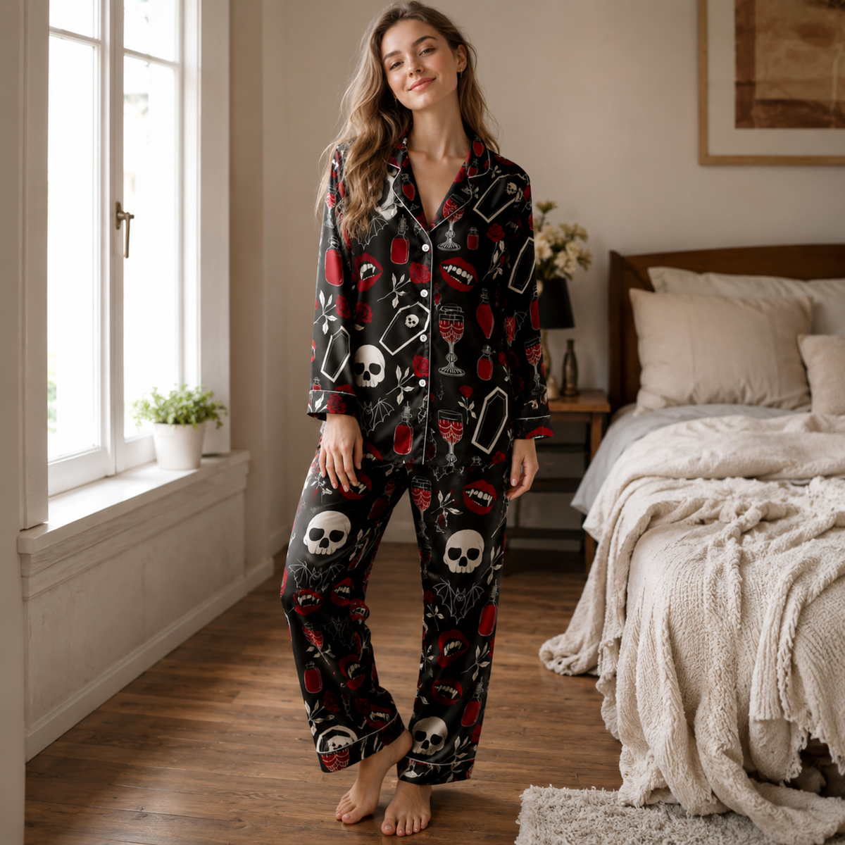 PJ-M388-Vampire Rose Skull Satin Pajamas Dark Gothic Coffin Sleepwear Pjs