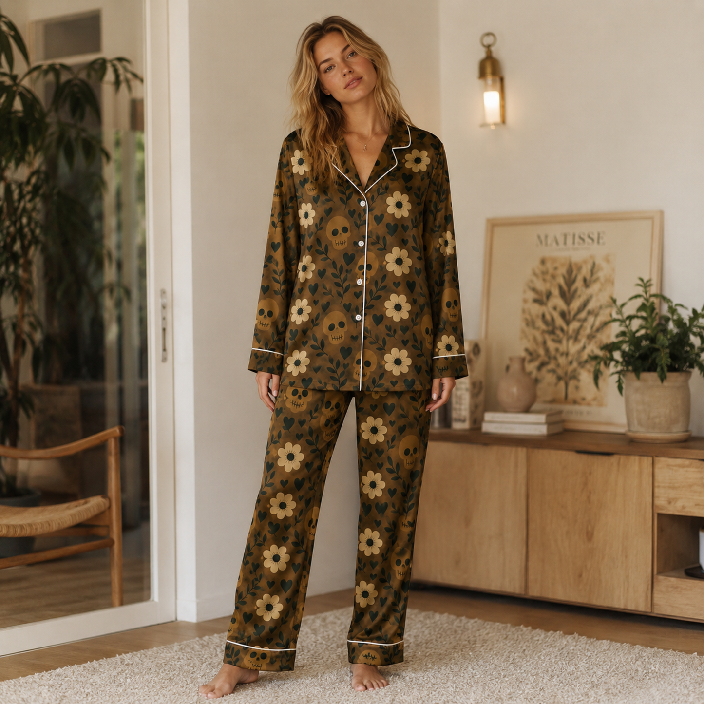 PJ-M389-Earth Tone Floral Skull Satin Pajamas Bohemian Botanical Heart Sleepwear Pjs