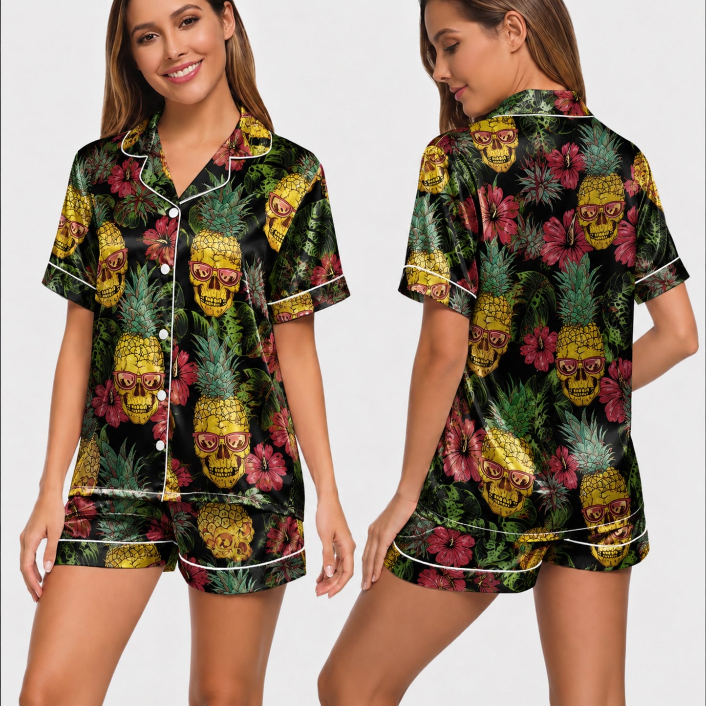 PJ-002-Minimalist Skull Art Satin Pajama Set, Patterned Pitch Tone Lounge Underwear Nightdress Coordinates Lounge FREE SHIPING