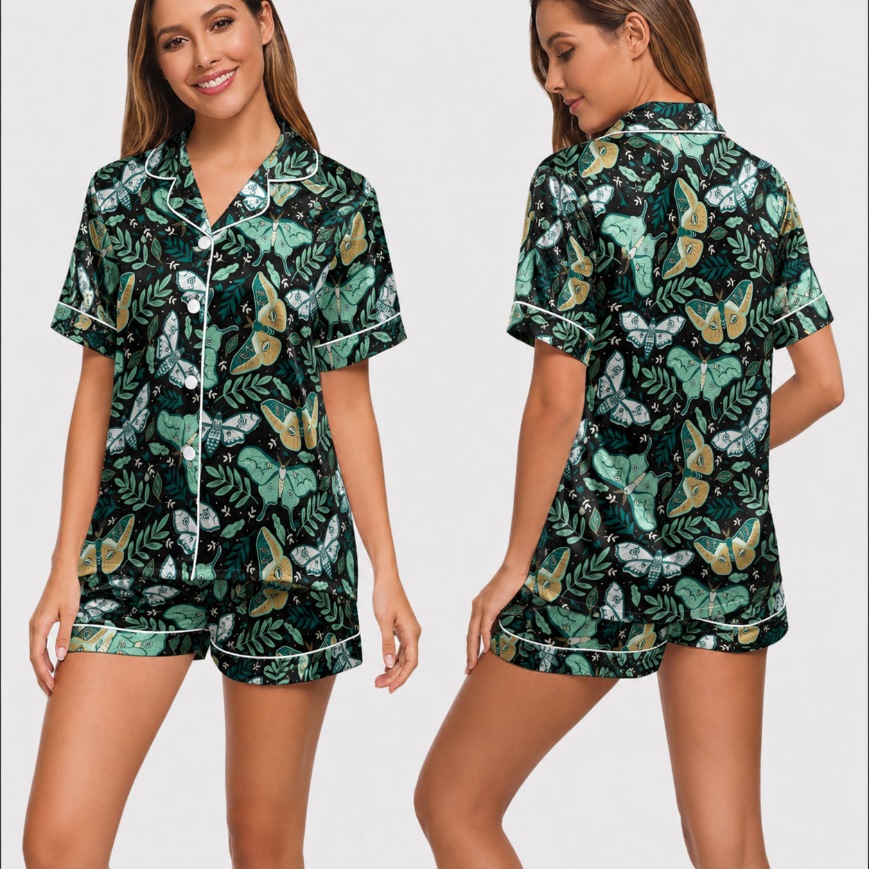 PJ-029-Satin Wine Print Burgundy Piping Button Up LongG Pajama Set FREE SHIPING
