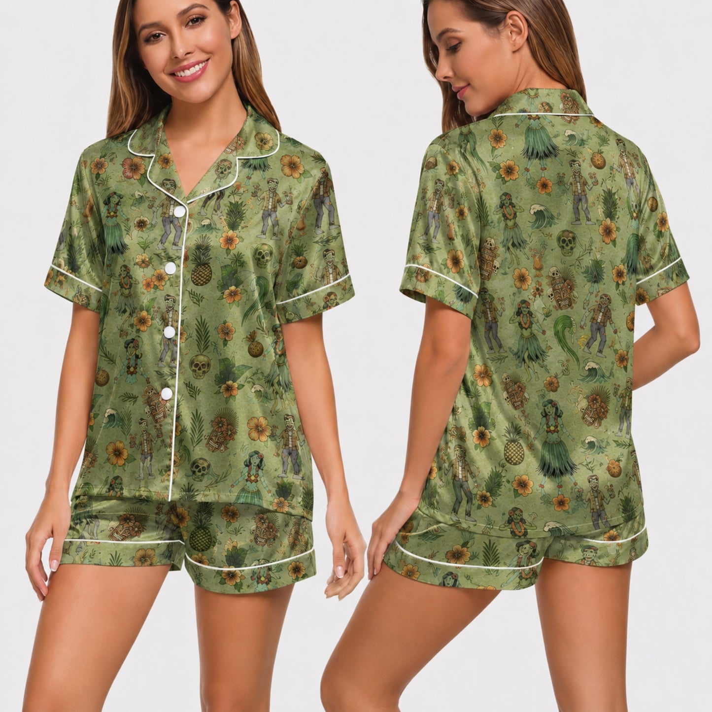 PJ-030-Satin Zombie Tiki White Piping Button Up Long/Short Pajama Set FREE SHIPING