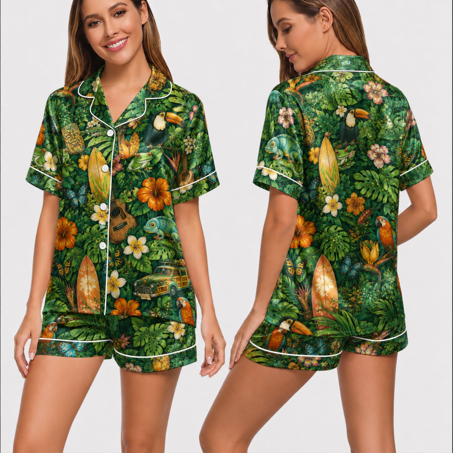 PJ-032-Satin Tropical Jungle White Piping Button Up Long/Short Pajama Set FREE SHIPING