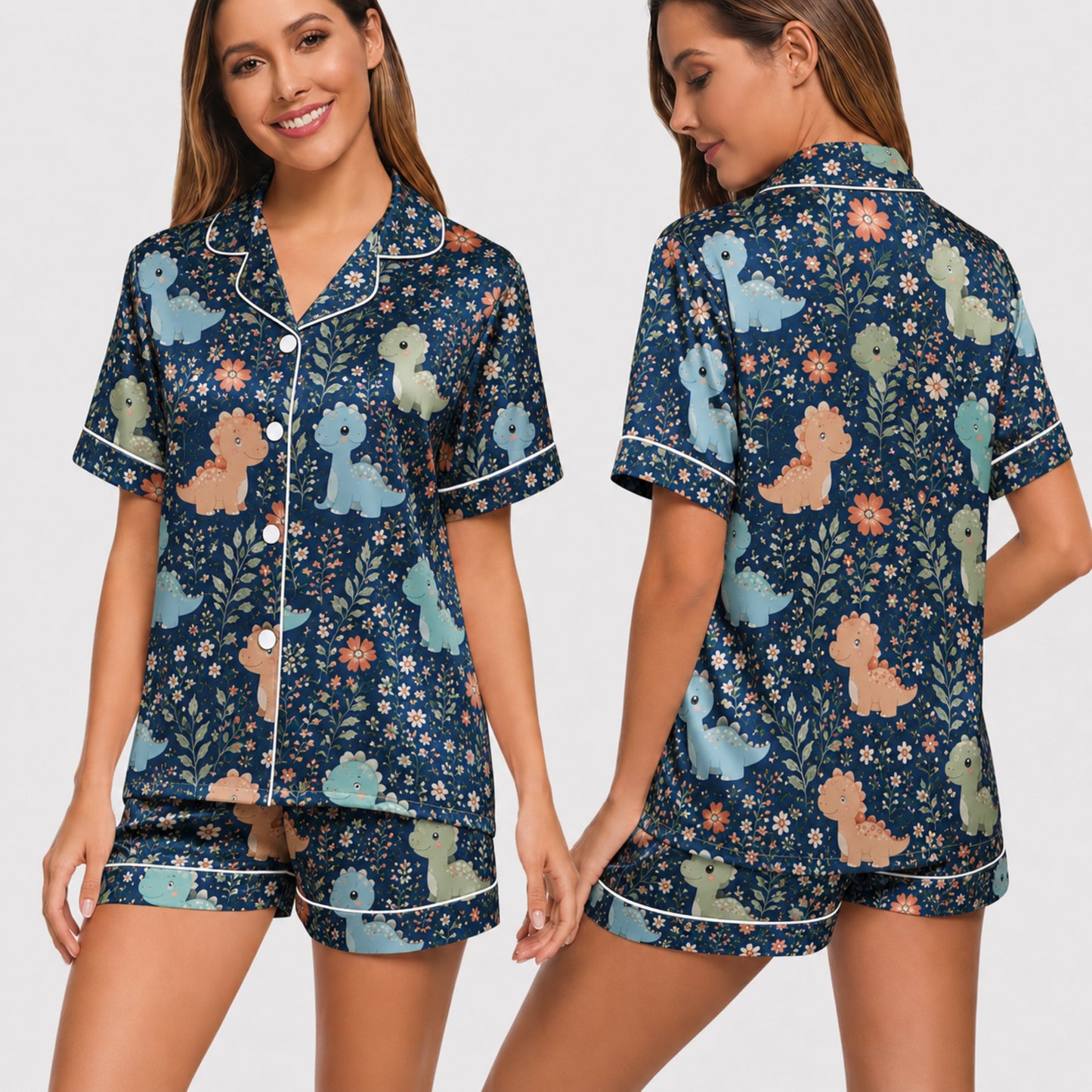 PJ-033-Satin Floral Dinosaur White Piping Button Up Long/Short Pajama Set FREE SHIPING