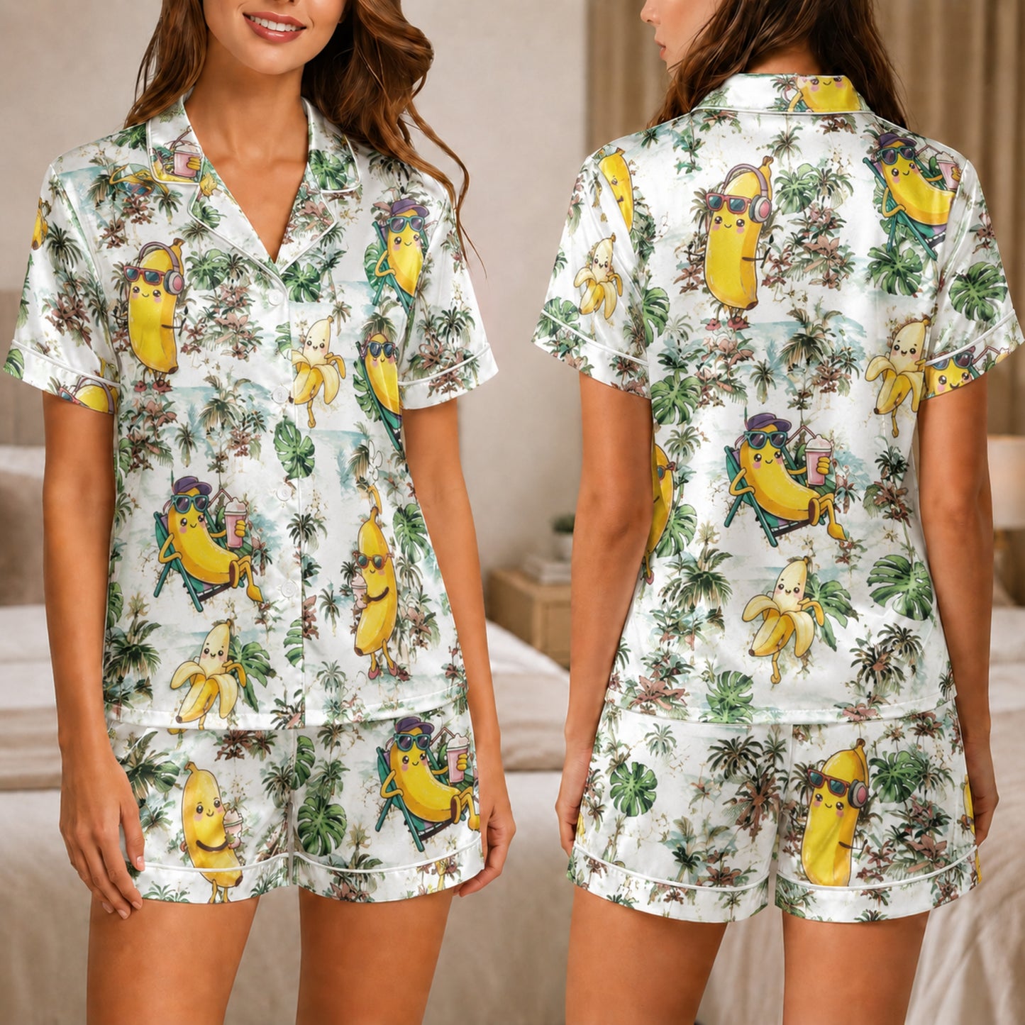 PJ-035-Satin Tropical Banana White Piping Button Up Shortie Pajama Set FREE SHIPING