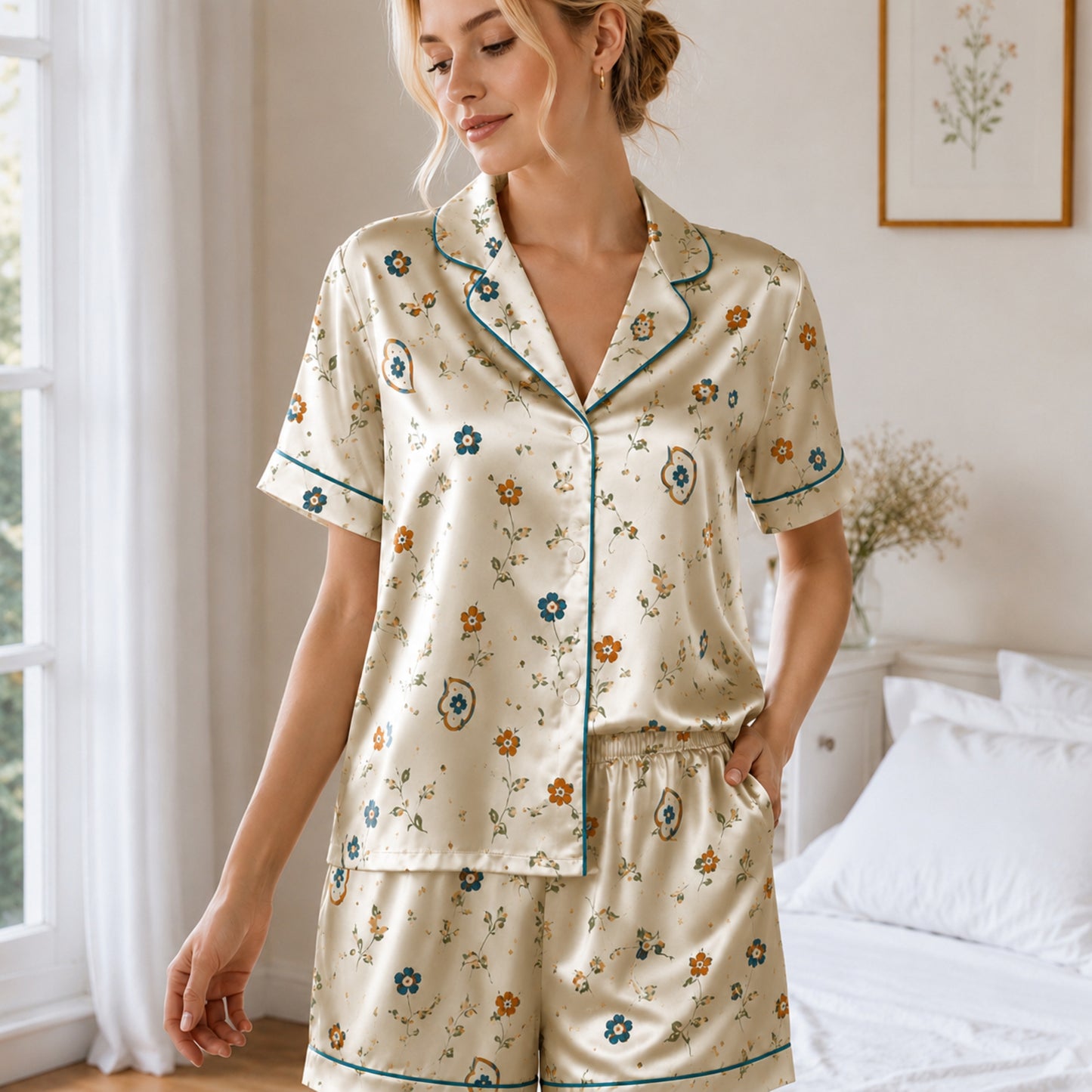 PJ-063-Satin White Autumn Blossom Teal Piping Button Up Pajama Set FREE SHIPING