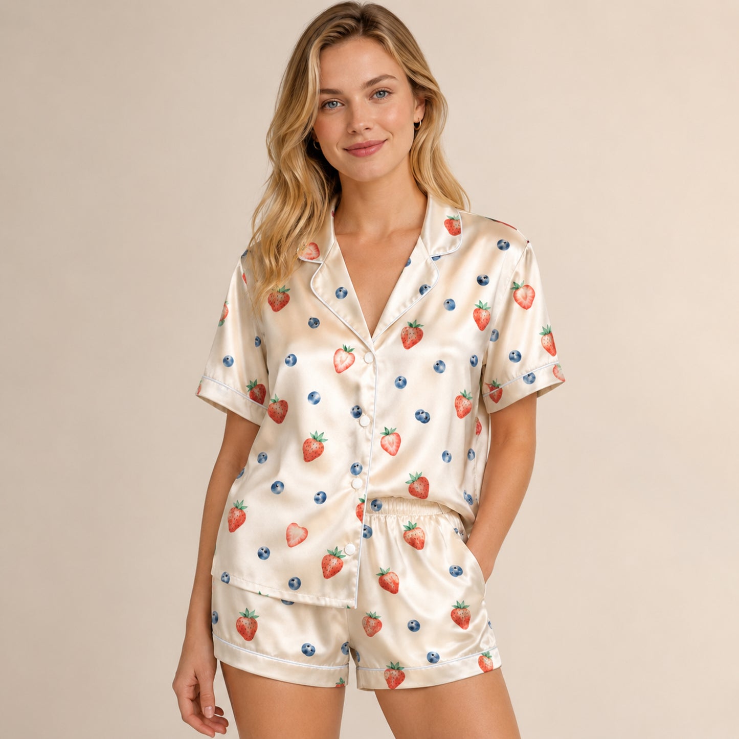 PJ-067-Strawberry and Blueberry Print Pajama Set with Fresh Berry Pattern Artwork Design FREE SHIPING