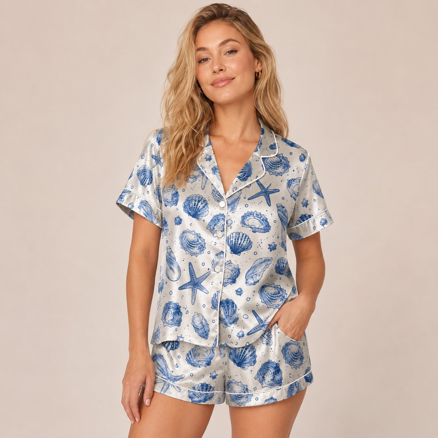 PJ-070-Satin Blue Seashell White Piping Button Up Pajama Set FREE SHIPING