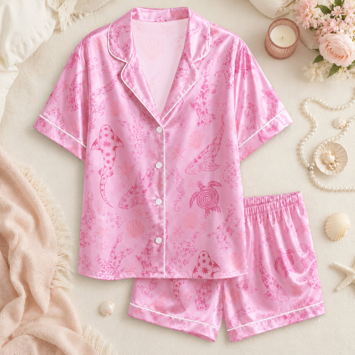 PJ-073-Satin Colorful Marine Life Classic Piping Button Up Pajama Set FREE SHIPING
