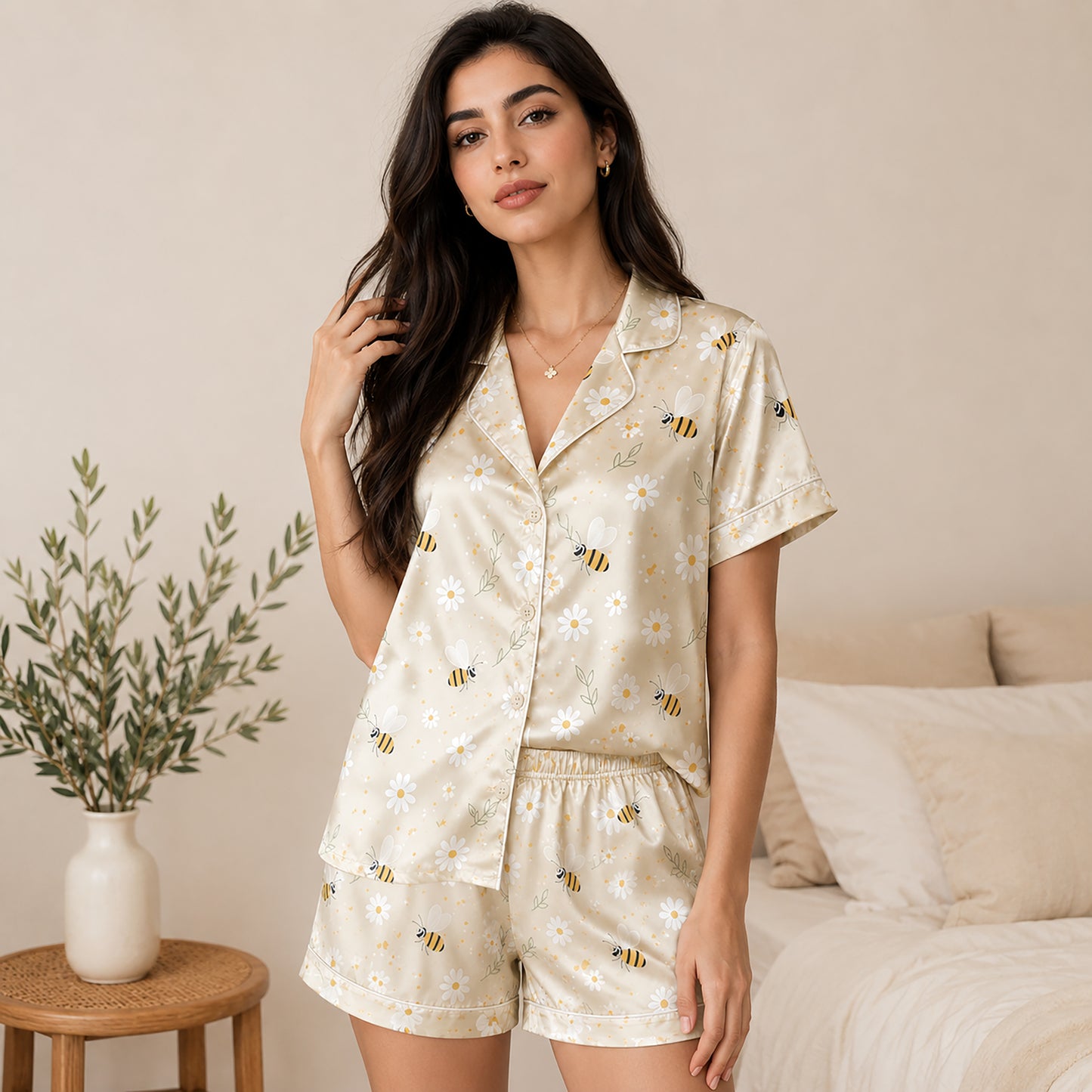 PJ-179-Honeybee Daisy Satin Pajama Set With Button Up Top And Soft Matching Sleepwear Bottoms FREE SHIPING