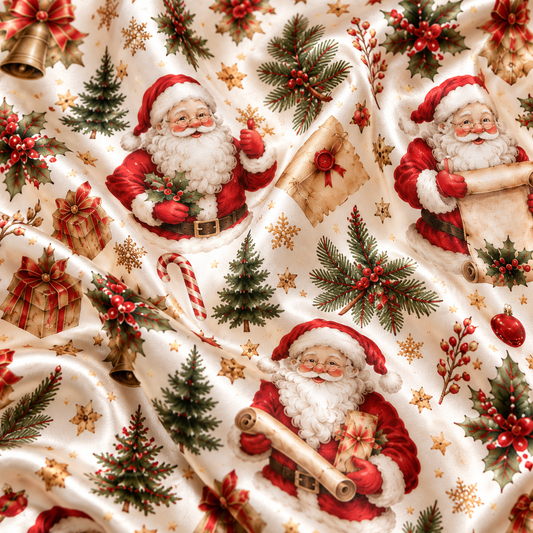 PJ-1922-Vintage Santa Christmas Satin Pajama Set, Christmas Tree Holly Bow Festive Holiday Sleepwear