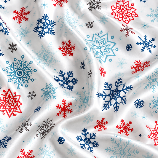 PJ-1966-Snowflake Winter Satin Pajama Set, Red Blue Frosty Snow Cozy Holiday Sleepwear