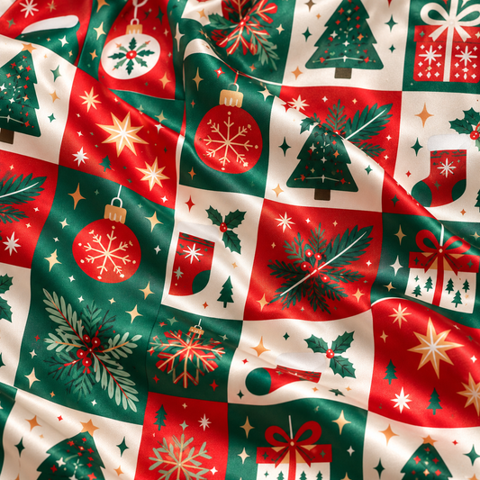 PJ-1988-Vintage Christmas Patchwork Satin Pajama Set, Tree Gift Snowflake Festive Holiday Sleepwear