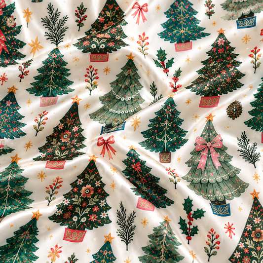 PJ-1994-Vintage Christmas Tree Satin Pajama Set, Botanical Bow Festive Holiday Sleepwear
