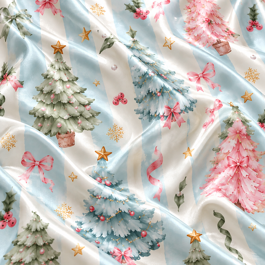 PJ-1996-Pastel Christmas Tree Satin Pajama Set, Pink Bow Star Festive Holiday Sleepwear