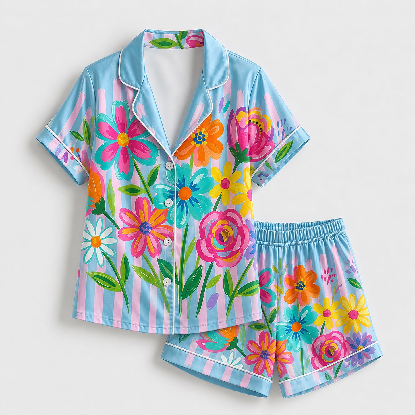 PJ-201-Rainbow Garden Satin Pajama Set With Button Up Top And Comfortable Matching Sleepwear Bottoms FREE SHIPING