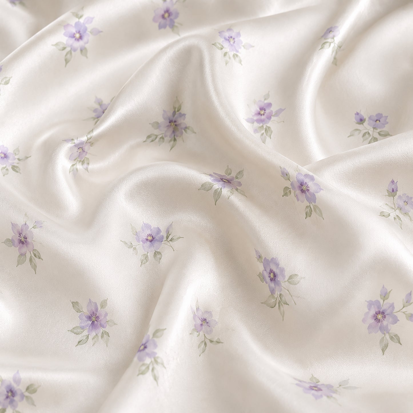 PJ-317-Patterned Violet Premium Satin Pajama Set, Light Ivory Short Button Front Clothing Bedtime Ensemble