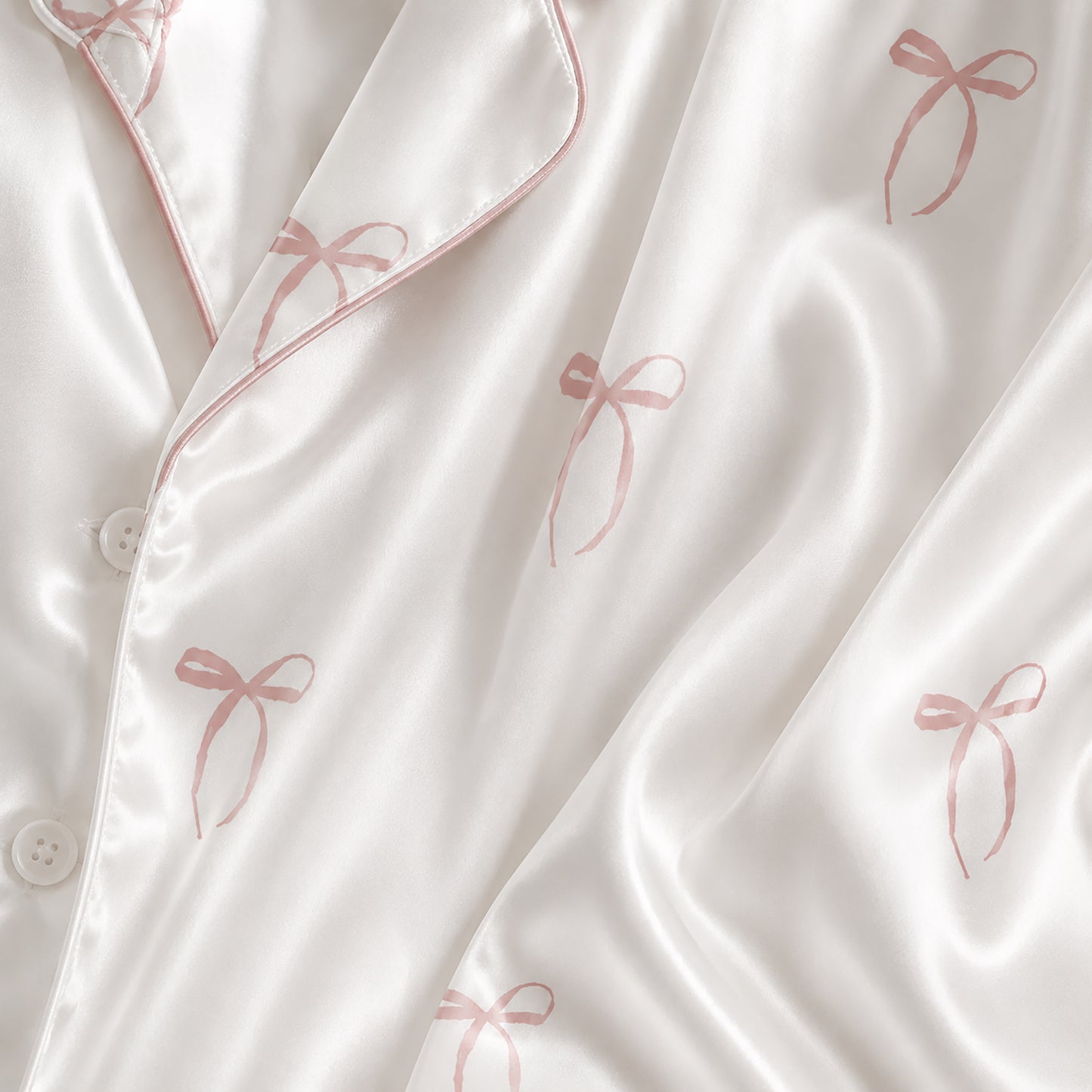 PJ-331-White Satin Ribbon Pajama Set, Pink Bow Sleeve Loungewear Sleepwear Collection Nightwear Boutique