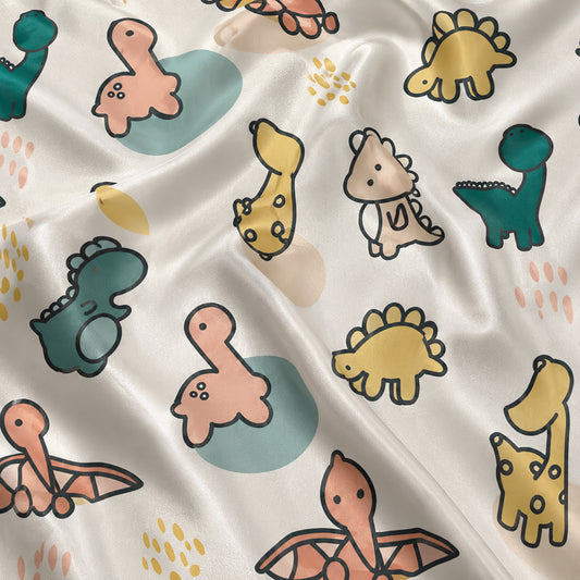 PJ-599-Cream Cute Dinosaur Satin Pajamas Pastel Dino Doodle Sleepwear Pjs