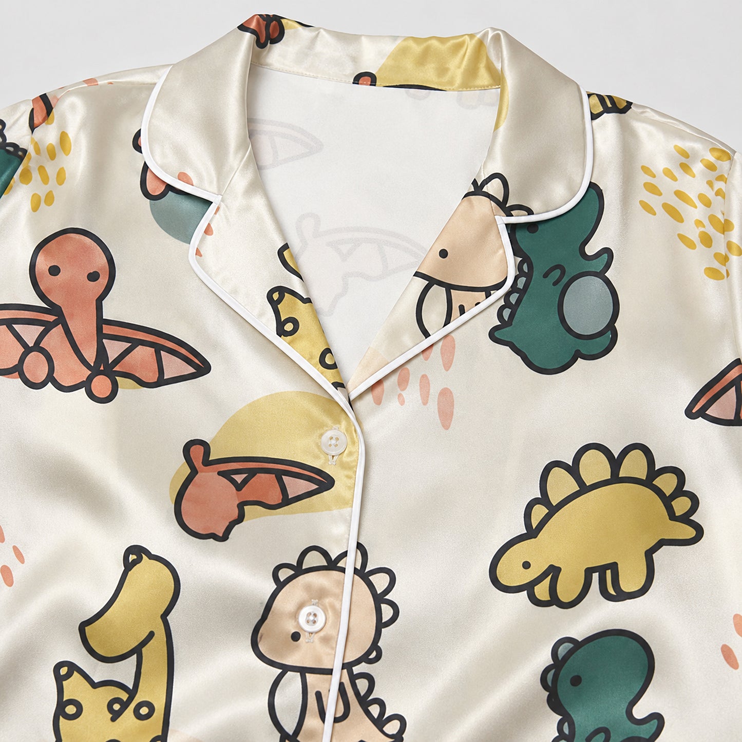 PJ-599-Cream Cute Dinosaur Satin Pajamas Pastel Dino Doodle Sleepwear Pjs
