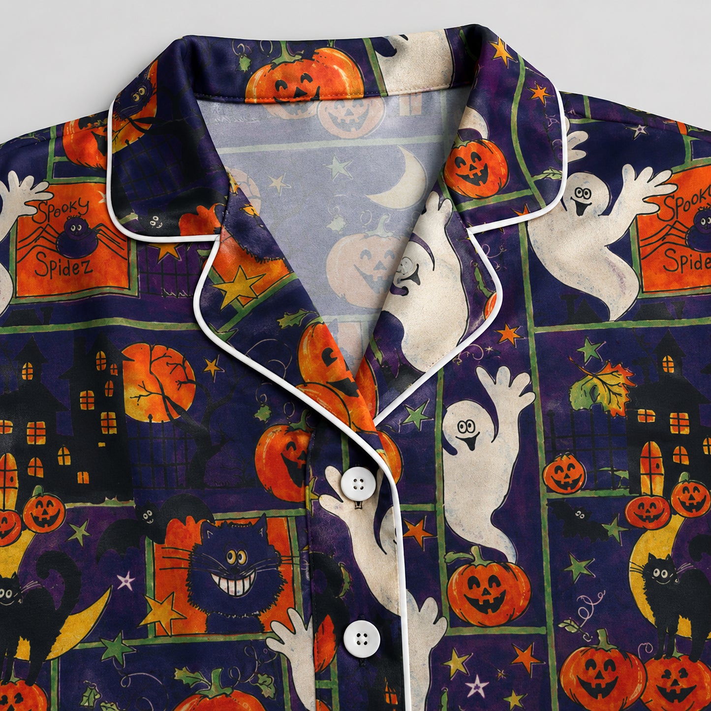 PJ-602-Purple Vintage Halloween Patchwork Satin Pajamas Ghost Pumpkin Cat Sleepwear Pjs