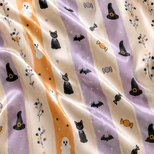 PJ-628-Pastel Halloween Ghost Cat Satin Pajamas Spooky Cute Stripe Sleepwear Pjs