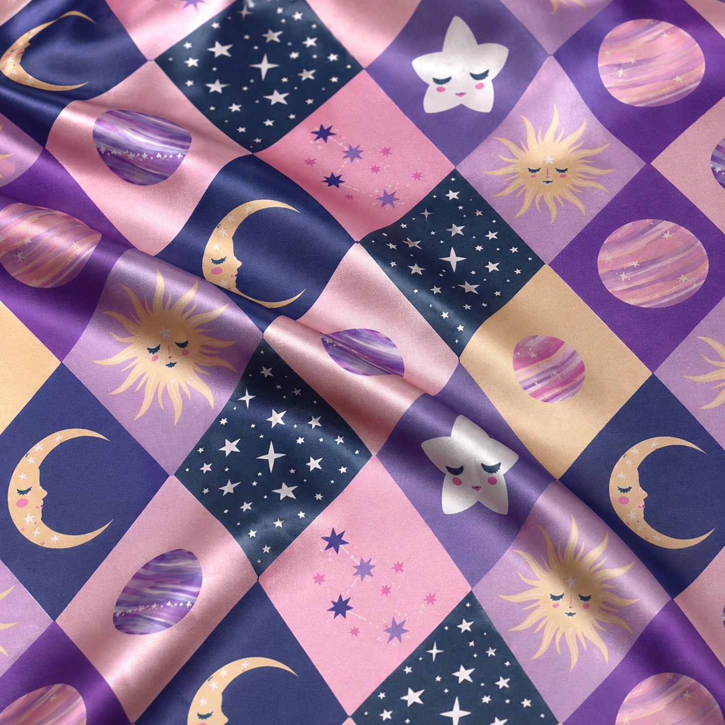 PJ-632-Celestial Diamond Pattern Satin Sleepwear Mystical Sun Moon Star Pajamas Pjs