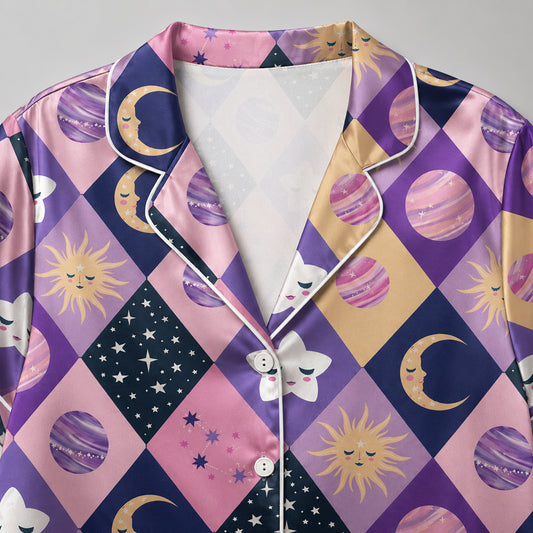 PJ-632-Celestial Diamond Pattern Satin Sleepwear Mystical Sun Moon Star Pajamas Pjs