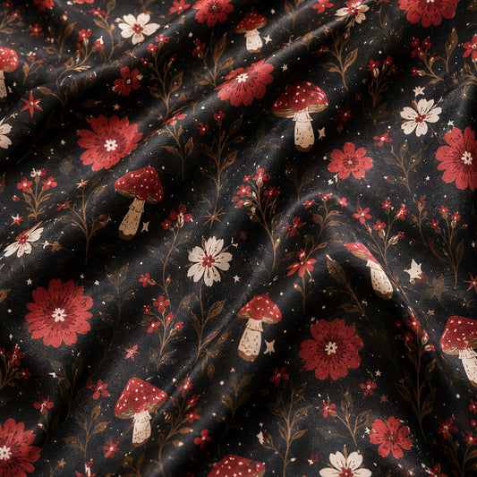 PJ-643-Dark Cottagecore Botanical Satin Pajamas Red Mushroom Forest Sleepwear Pjs