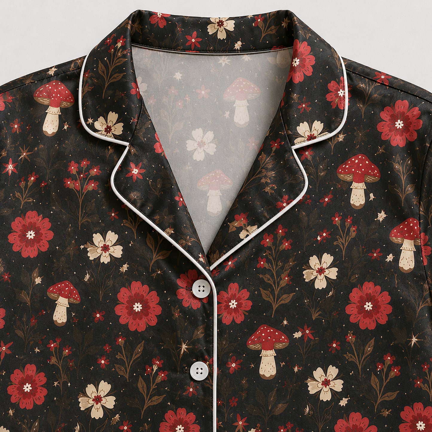 PJ-643-Dark Cottagecore Botanical Satin Pajamas Red Mushroom Forest Sleepwear Pjs